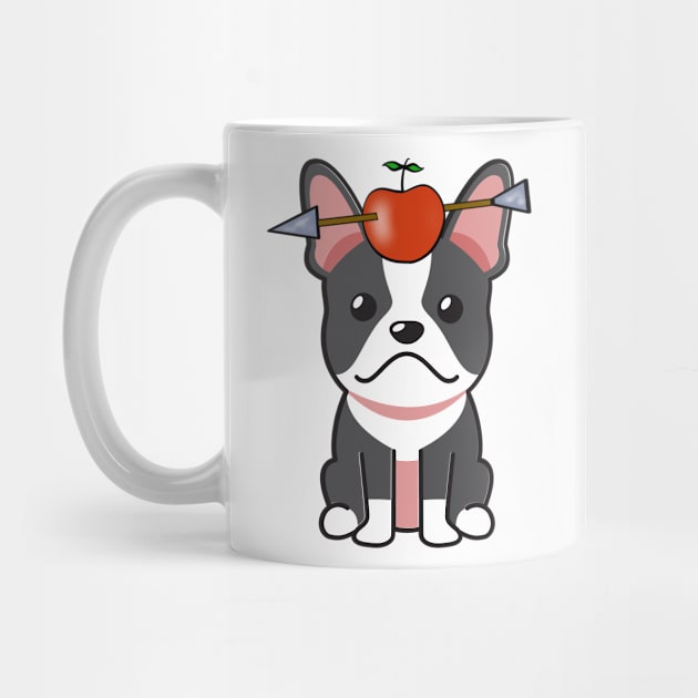 Funny french bulldog is playing william tell with an apple and arrow by Pet Station